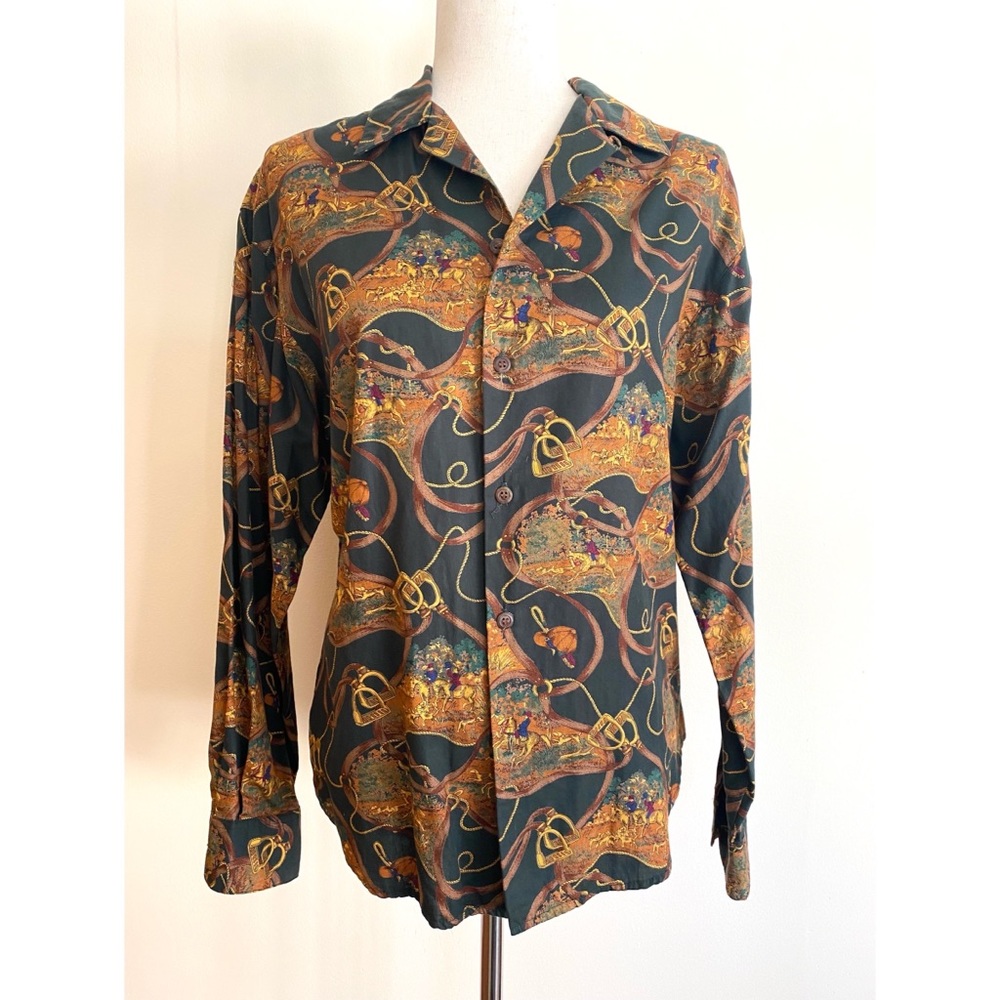VTG Country Shop Equestrian Button Up Shirt Hunting Scenes 100% Cotton Medium